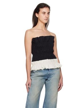 Smocked Black and Cream Ruffle Strap Top